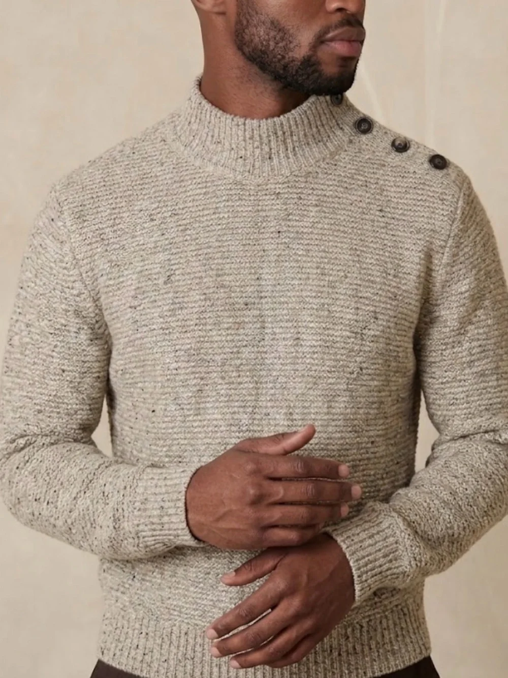 NWT Banana Republic Tweed Mock Neck Shoulder Button Sweater Large Beige Fleck